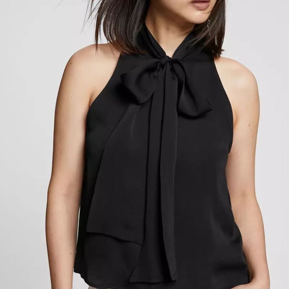 New Black Halter Two Tiers Sleeveless Tie Front Neck Bow front Top Blouse